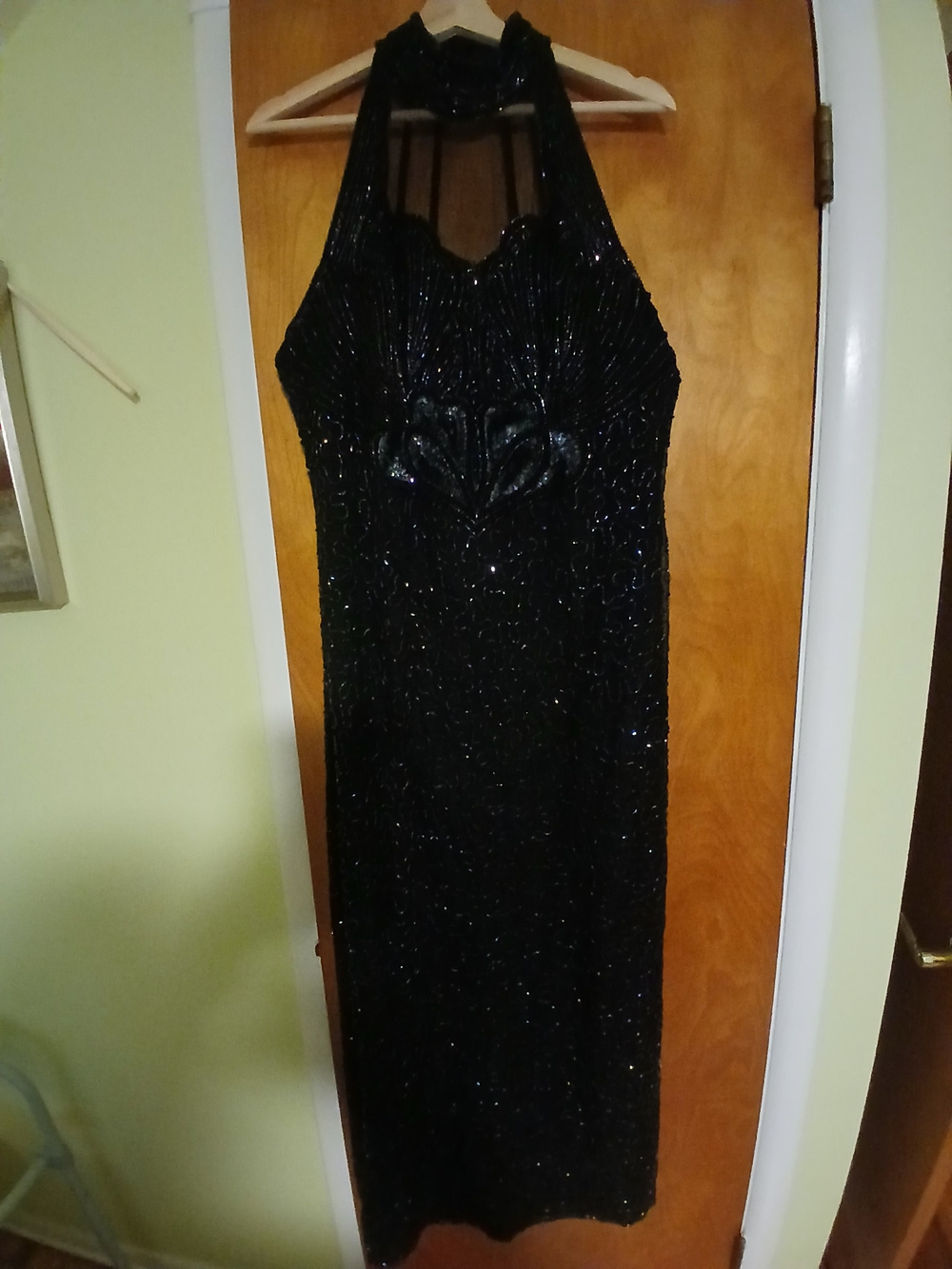 Laurence Kazar Black Sequin Halter Maxi Silk Dress